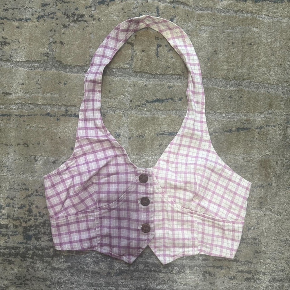 Plaid Halter Top with Buttons - Picture 2 of 7